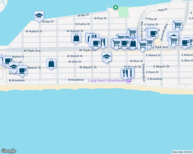 map of restaurants, bars, coffee shops, grocery stores, and more near 204 Laurelton Boulevard in Long Beach