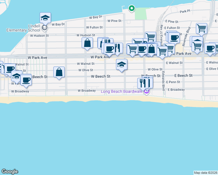 map of restaurants, bars, coffee shops, grocery stores, and more near 204 Laurelton Boulevard in Long Beach