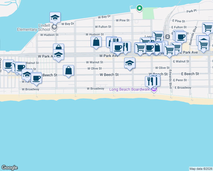 map of restaurants, bars, coffee shops, grocery stores, and more near 339 West Penn Street in Long Beach