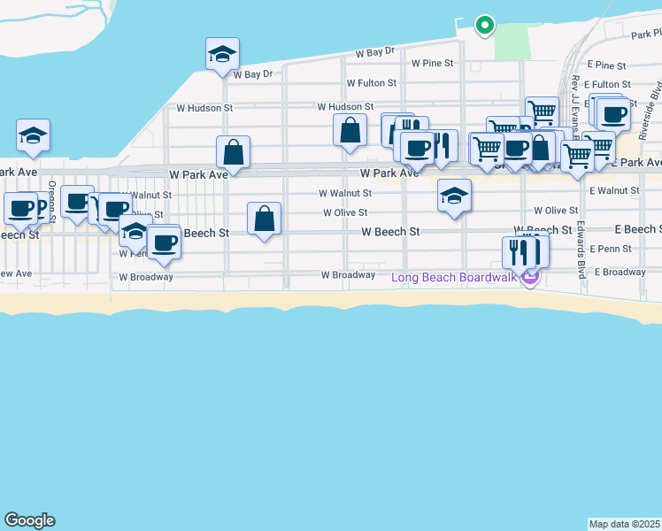 map of restaurants, bars, coffee shops, grocery stores, and more near 415 West Penn Street in Long Beach