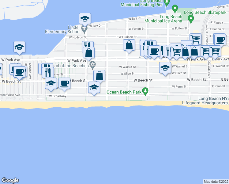 map of restaurants, bars, coffee shops, grocery stores, and more near 445 West Penn Street in Long Beach