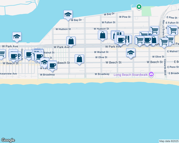 map of restaurants, bars, coffee shops, grocery stores, and more near 445 West Penn Street in Long Beach