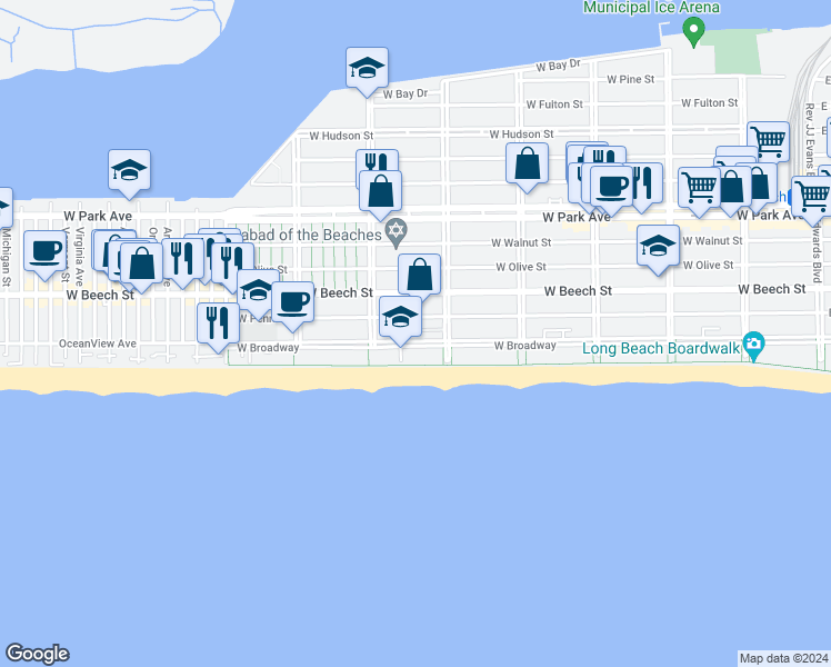 map of restaurants, bars, coffee shops, grocery stores, and more near 547 West Penn Street in Long Beach
