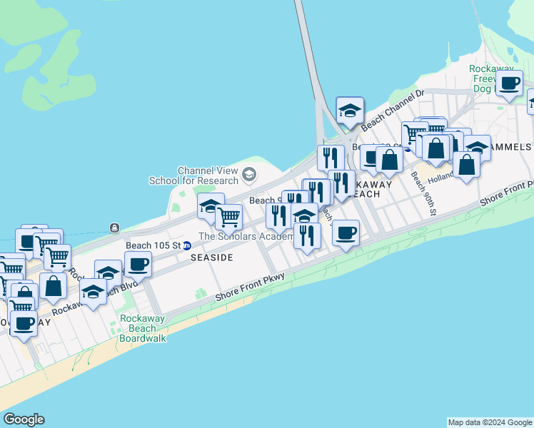map of restaurants, bars, coffee shops, grocery stores, and more near 324F Beach 101st Street in Queens