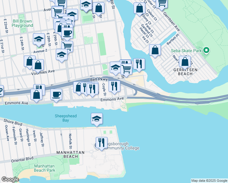 map of restaurants, bars, coffee shops, grocery stores, and more near 2790 Bragg Street in Brooklyn