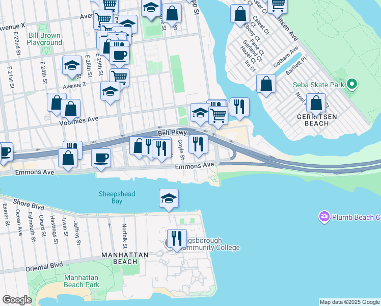 map of restaurants, bars, coffee shops, grocery stores, and more near 2790 Bragg Street in Brooklyn