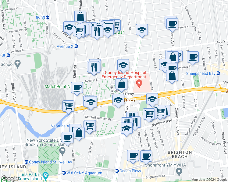 map of restaurants, bars, coffee shops, grocery stores, and more near 9 Nixon Court in Brooklyn