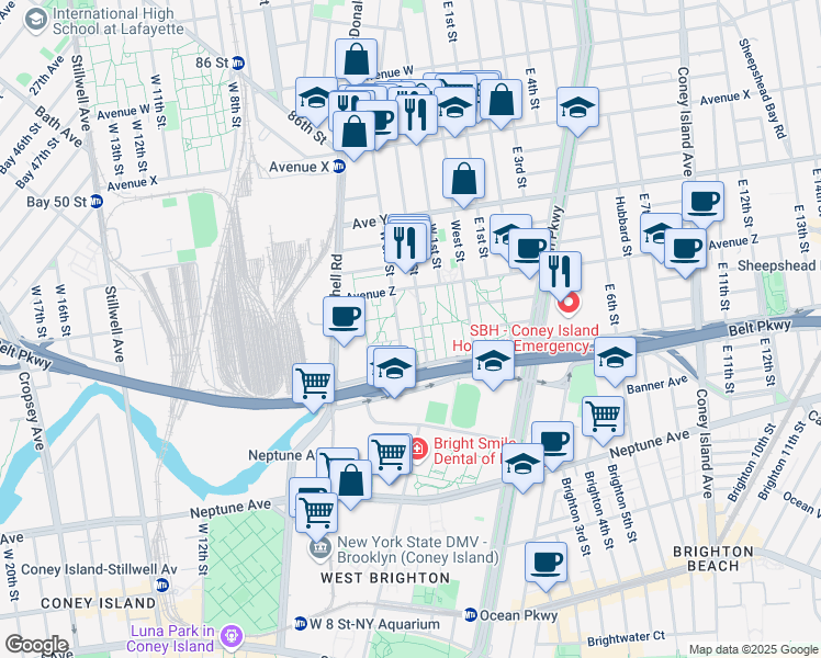map of restaurants, bars, coffee shops, grocery stores, and more near 2631 West 2nd Street in Brooklyn
