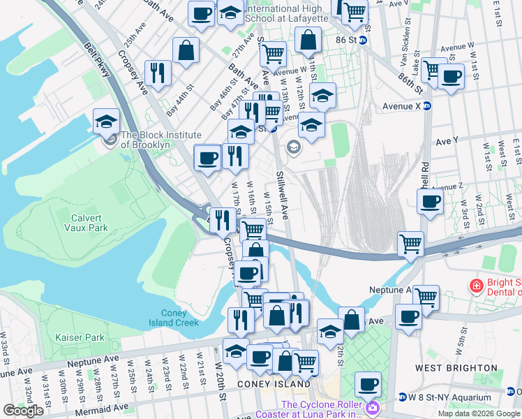 map of restaurants, bars, coffee shops, grocery stores, and more near 2554 West 15th Street in Brooklyn