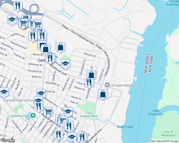 map of restaurants, bars, coffee shops, grocery stores, and more near 9 Jeanette Street in Carteret