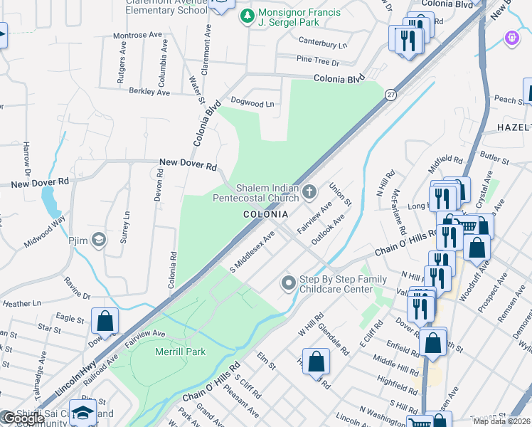 map of restaurants, bars, coffee shops, grocery stores, and more near in Woodbridge Township