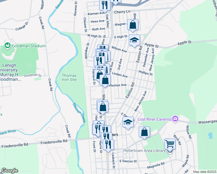 map of restaurants, bars, coffee shops, grocery stores, and more near 1120 1st Avenue in Hellertown