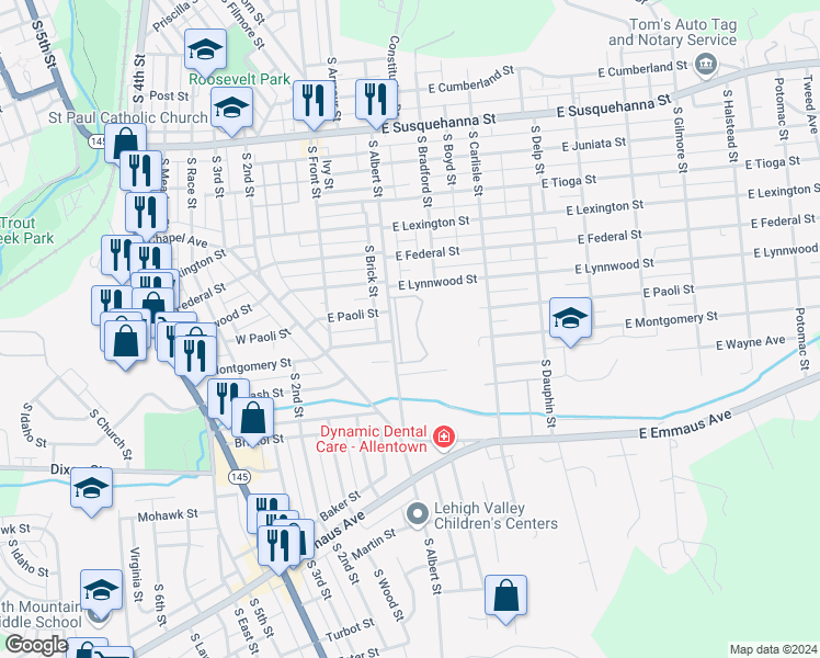 map of restaurants, bars, coffee shops, grocery stores, and more near 1722 South Albert Street in Allentown