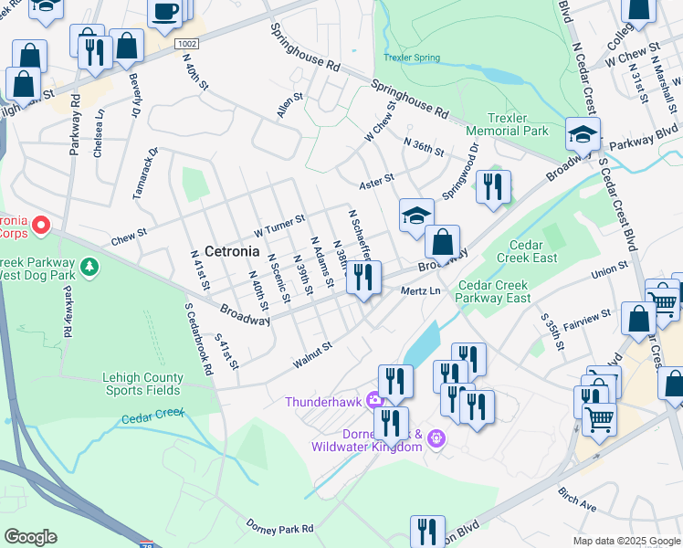 map of restaurants, bars, coffee shops, grocery stores, and more near 31 North 38th Street in Allentown