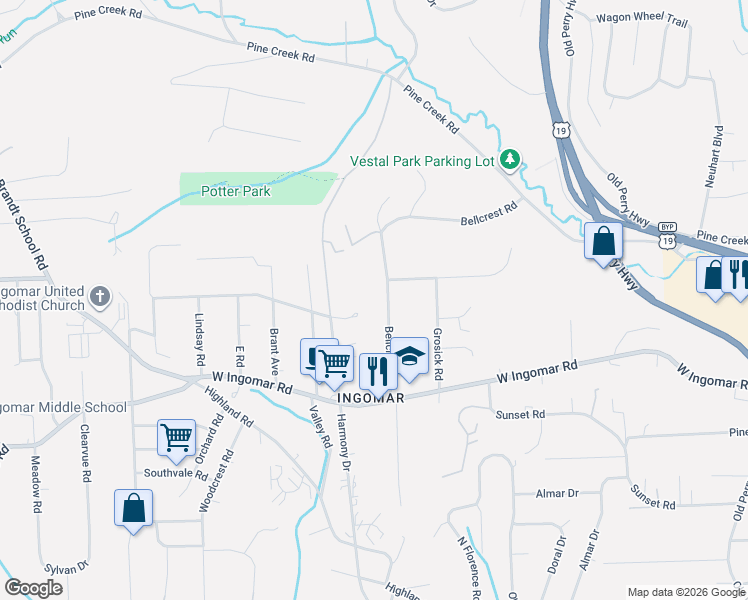 map of restaurants, bars, coffee shops, grocery stores, and more near 9765 Bellcrest Road in Pittsburgh