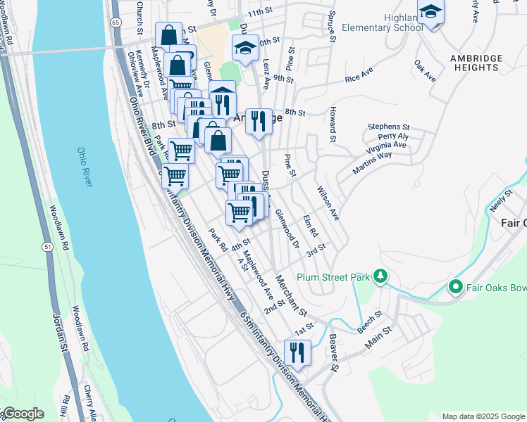 map of restaurants, bars, coffee shops, grocery stores, and more near 451 Duss Avenue in Ambridge