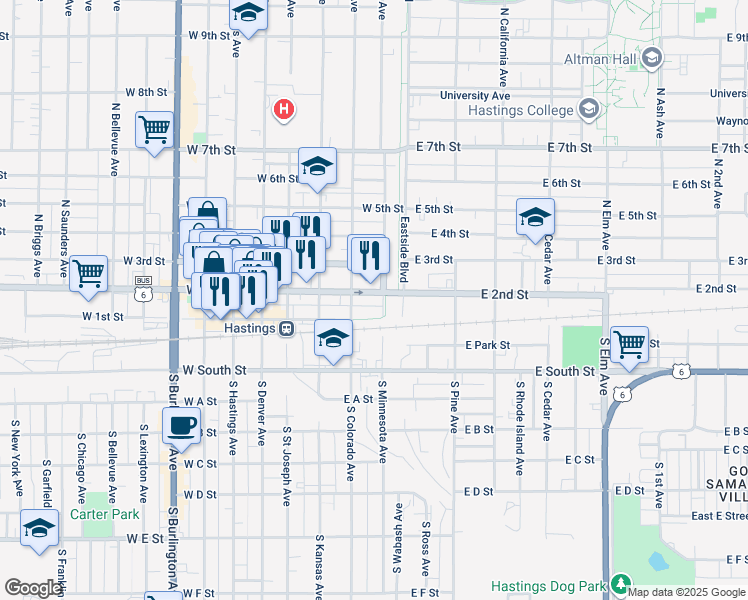map of restaurants, bars, coffee shops, grocery stores, and more near 207 North Minnesota Avenue in Hastings