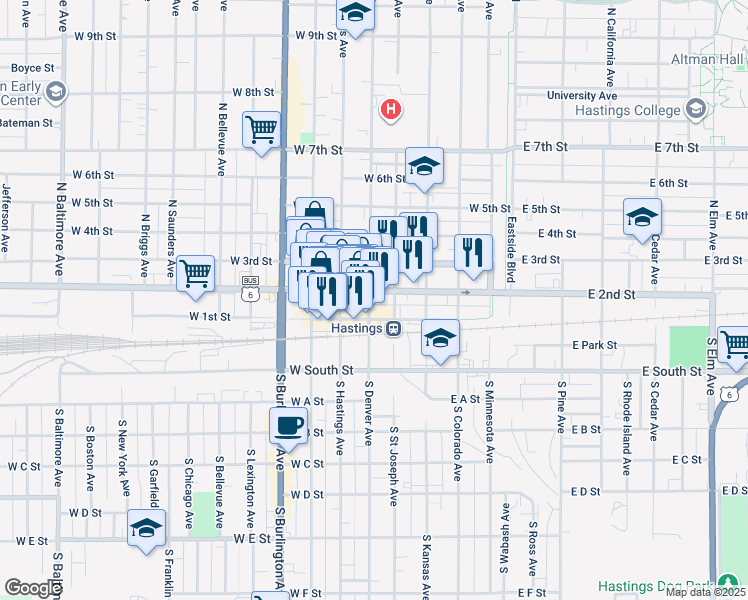 map of restaurants, bars, coffee shops, grocery stores, and more near in Hastings