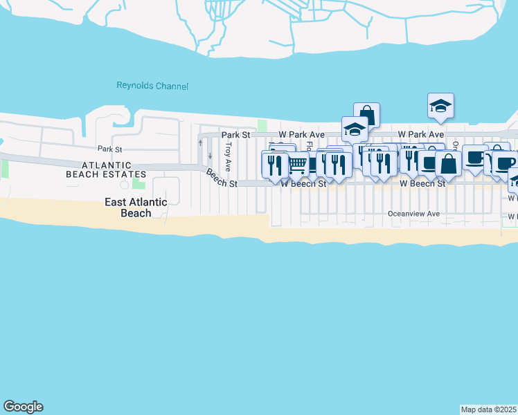 map of restaurants, bars, coffee shops, grocery stores, and more near 44 Rochester Avenue in East Atlantic Beach