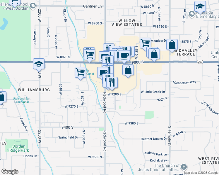map of restaurants, bars, coffee shops, grocery stores, and more near 9135 Redwood Rd in West Jordan