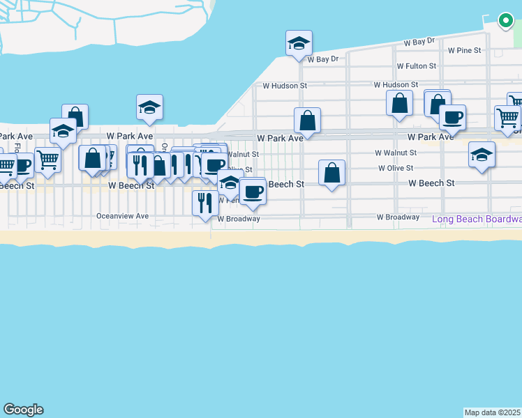 map of restaurants, bars, coffee shops, grocery stores, and more near 157 Grand Boulevard in Long Beach