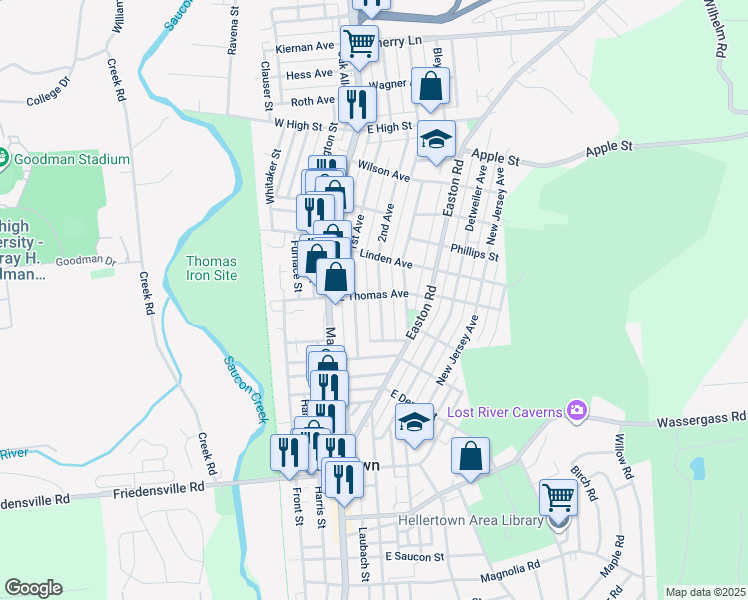 map of restaurants, bars, coffee shops, grocery stores, and more near 1090 2nd Avenue in Hellertown