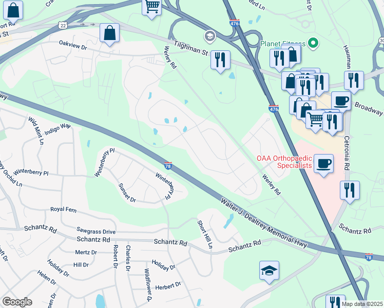 map of restaurants, bars, coffee shops, grocery stores, and more near 360 Redclover Lane in Allentown
