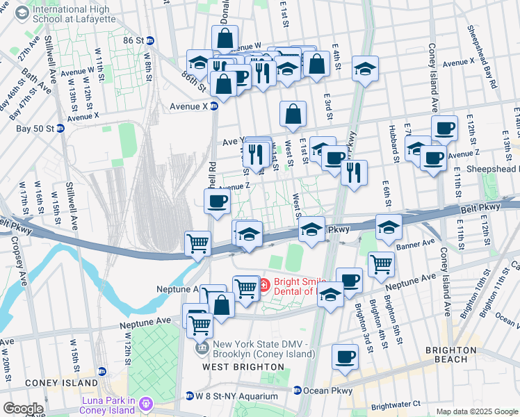 map of restaurants, bars, coffee shops, grocery stores, and more near 2612 West 2nd Street in Brooklyn