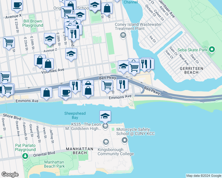 map of restaurants, bars, coffee shops, grocery stores, and more near 2816 Coyle Street in Brooklyn