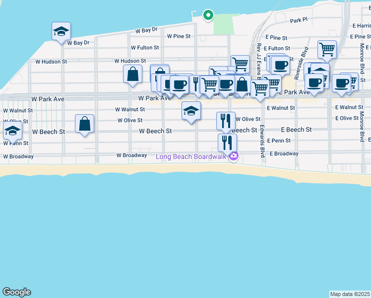 map of restaurants, bars, coffee shops, grocery stores, and more near 239 West Penn Street in Long Beach