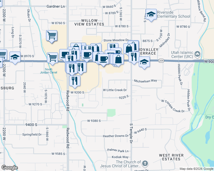 map of restaurants, bars, coffee shops, grocery stores, and more near 9156 South River Ridge Drive in West Jordan