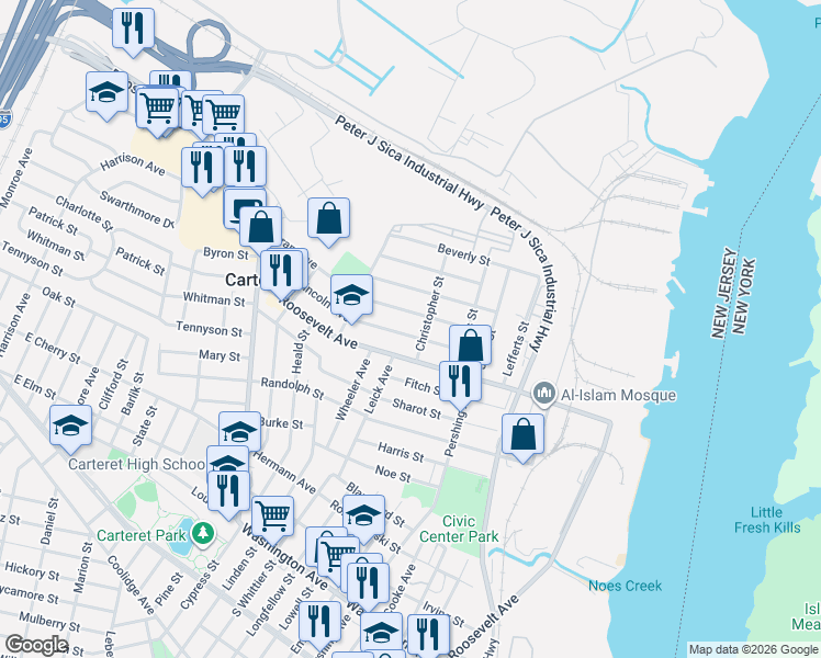 map of restaurants, bars, coffee shops, grocery stores, and more near 20 Lincoln Avenue in Carteret