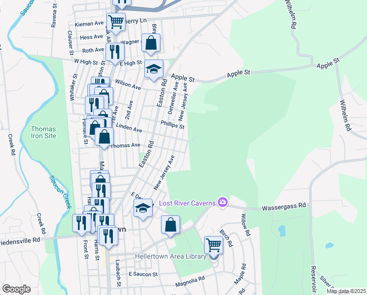 map of restaurants, bars, coffee shops, grocery stores, and more near 1203 New Jersey Avenue in Hellertown