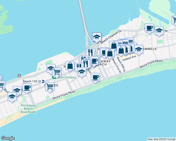 map of restaurants, bars, coffee shops, grocery stores, and more near 9710 Rockaway Beach Boulevard in Queens
