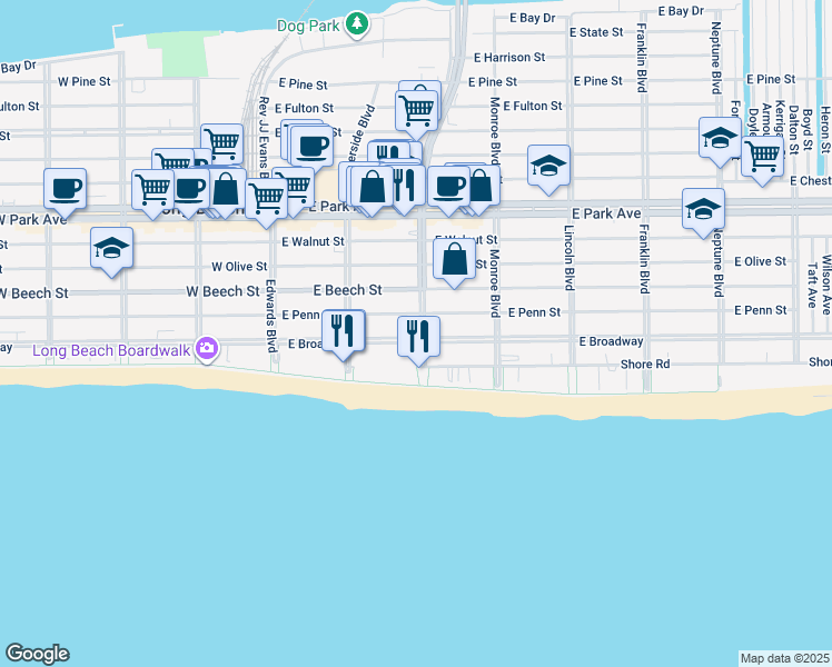 map of restaurants, bars, coffee shops, grocery stores, and more near 165 East Broadway in Long Beach