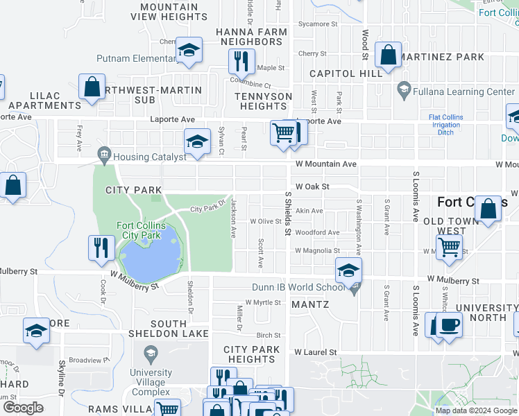 map of restaurants, bars, coffee shops, grocery stores, and more near 215 Scott Avenue in Fort Collins