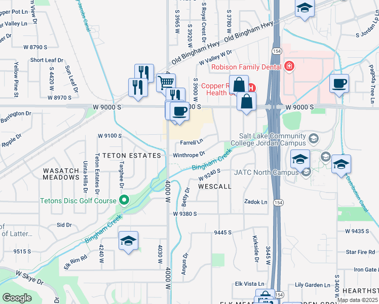 map of restaurants, bars, coffee shops, grocery stores, and more near 3901 Farrell Lane in West Jordan