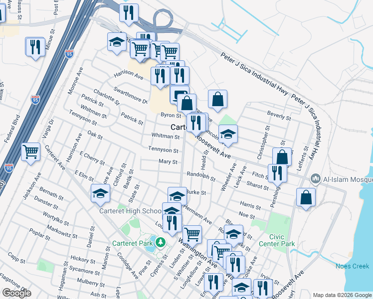 map of restaurants, bars, coffee shops, grocery stores, and more near 4 Liberty Street in Carteret