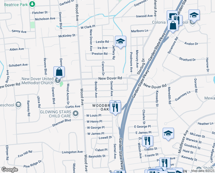 map of restaurants, bars, coffee shops, grocery stores, and more near 562 Semel Avenue in Woodbridge Township
