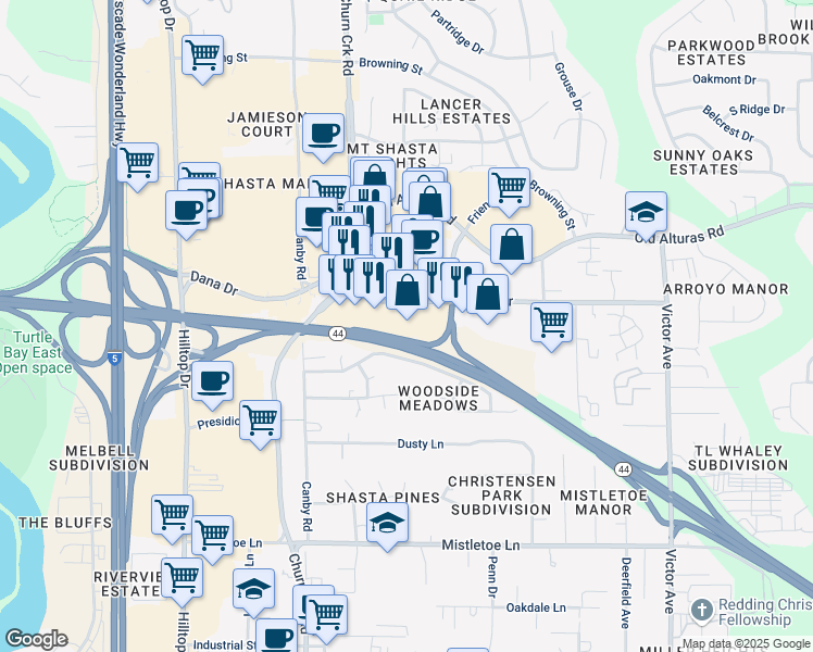 map of restaurants, bars, coffee shops, grocery stores, and more near 1175 Dana Drive in Redding