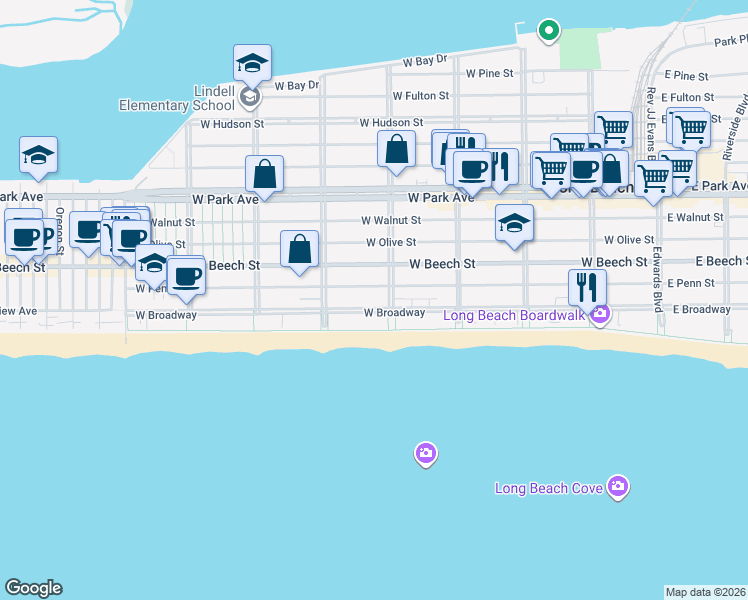 map of restaurants, bars, coffee shops, grocery stores, and more near 445 West Penn Street in Long Beach