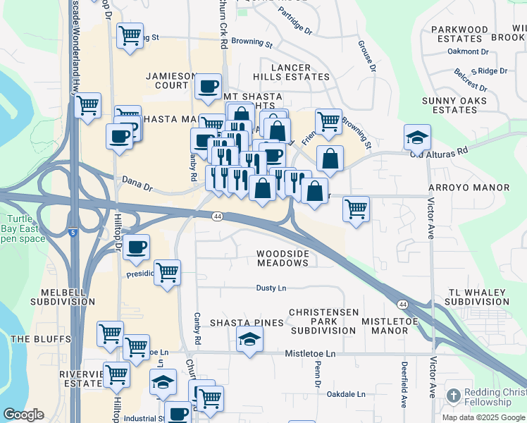 map of restaurants, bars, coffee shops, grocery stores, and more near 1175 Dana Drive in Redding