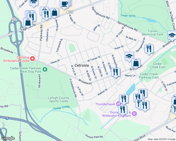 map of restaurants, bars, coffee shops, grocery stores, and more near 125 North 40th Street in Allentown