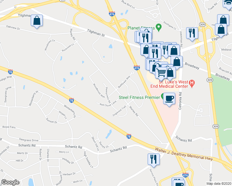 map of restaurants, bars, coffee shops, grocery stores, and more near 428 Werley Road in Allentown