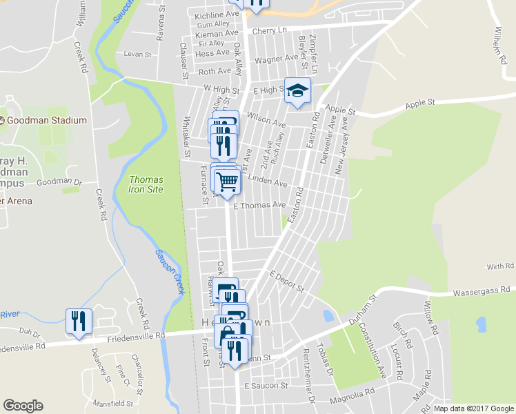 map of restaurants, bars, coffee shops, grocery stores, and more near 1090 2nd Avenue in Hellertown
