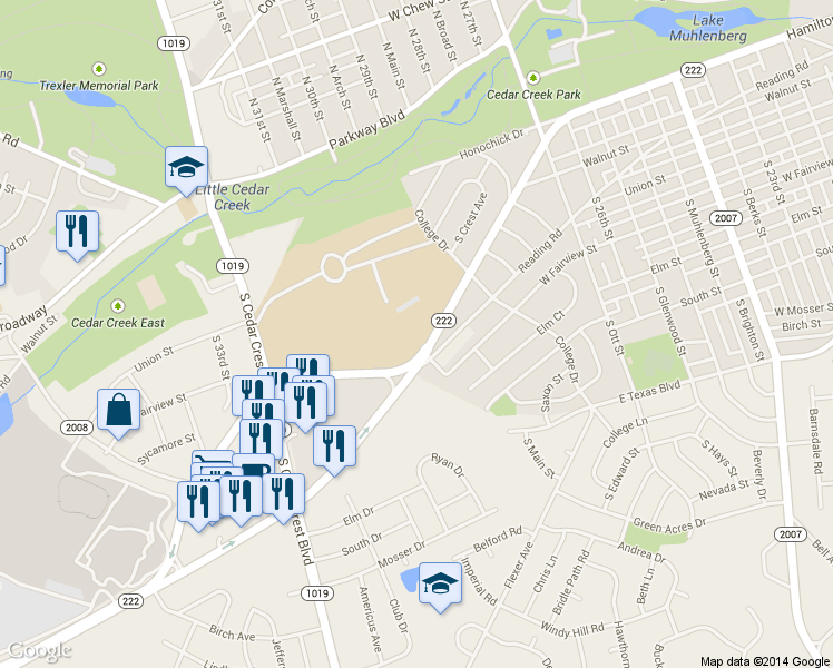 map of restaurants, bars, coffee shops, grocery stores, and more near Hamilton Boulevard in Allentown