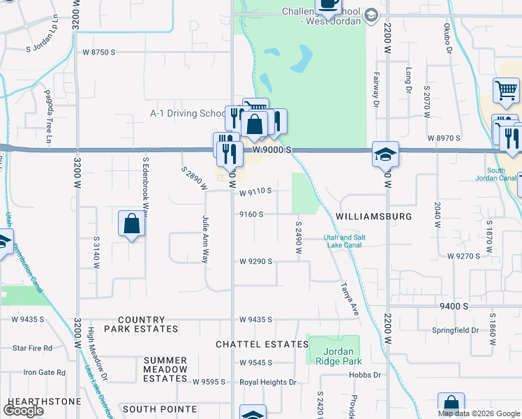 map of restaurants, bars, coffee shops, grocery stores, and more near 2612 Toni Lee Street in West Jordan