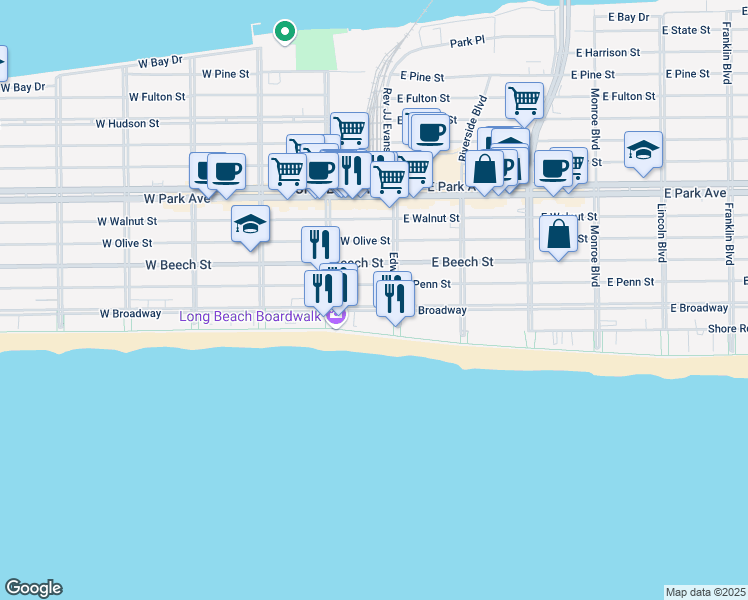 map of restaurants, bars, coffee shops, grocery stores, and more near 25 West Broadway in Long Beach