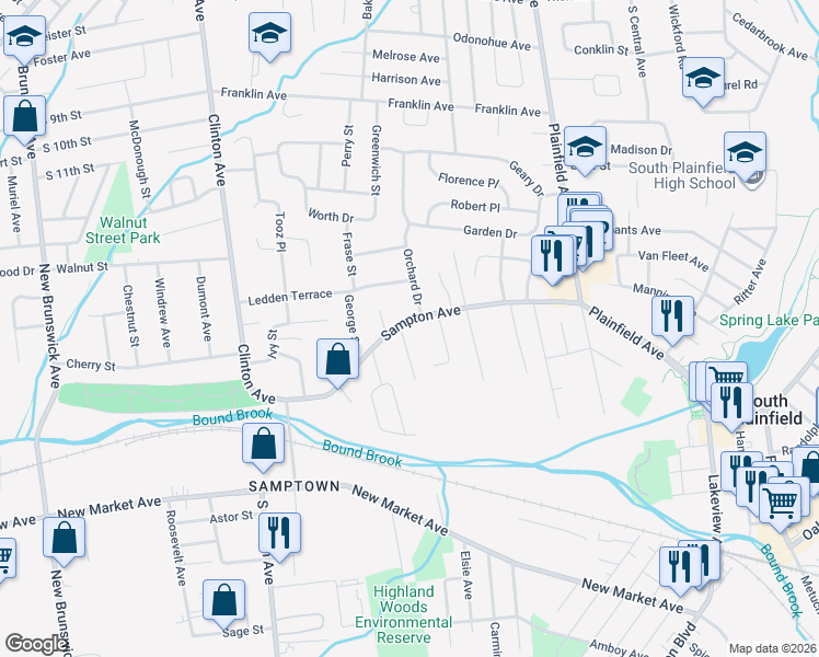 map of restaurants, bars, coffee shops, grocery stores, and more near 480 Sampton Avenue in South Plainfield