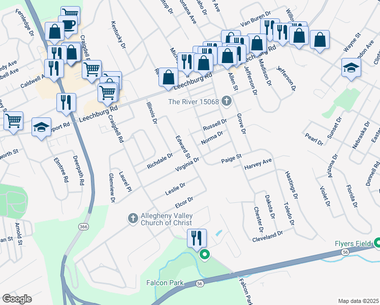 map of restaurants, bars, coffee shops, grocery stores, and more near 171 Edward Street in New Kensington